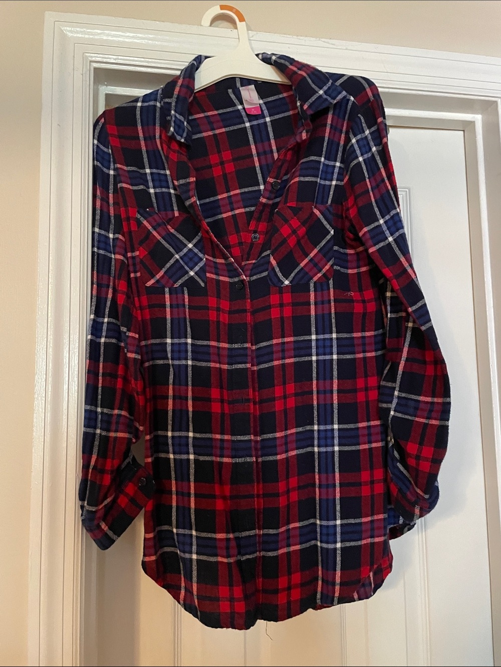 No Boundaries Red and Navy Plaid Button-Down Shirt